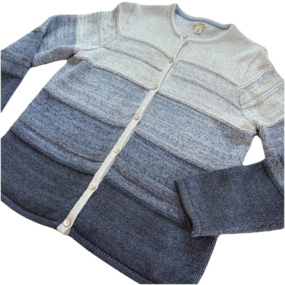 LL Bean Blue Ombré Stripe Chunky Knit Button Cotton Cardigan Sweater LARGE